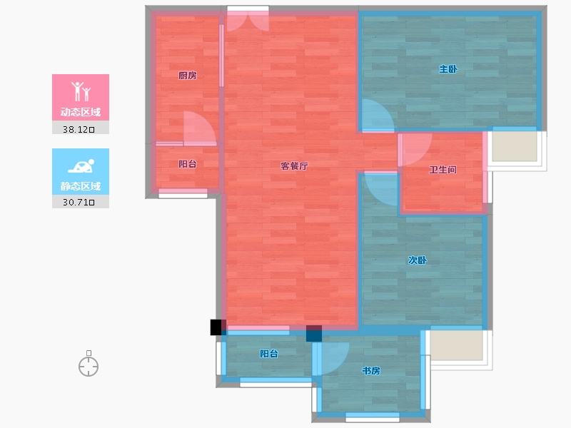 重庆-重庆市-桥达茂宸广场1号楼,2号楼套内65m²-61.35-户型库-动静分区