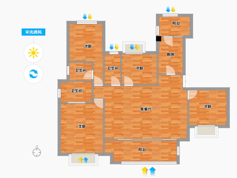 重庆-重庆市-新城朗隽大都会二期2号地块8栋,二期2号地块1栋,二期2号地块2栋套内123m²-113.89-户型库-采光通风