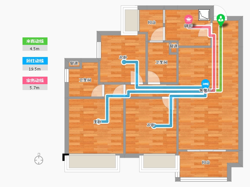 重庆-重庆市-象屿观悦府南2幢,南1幢套内75m²-74.40-户型库-动静线