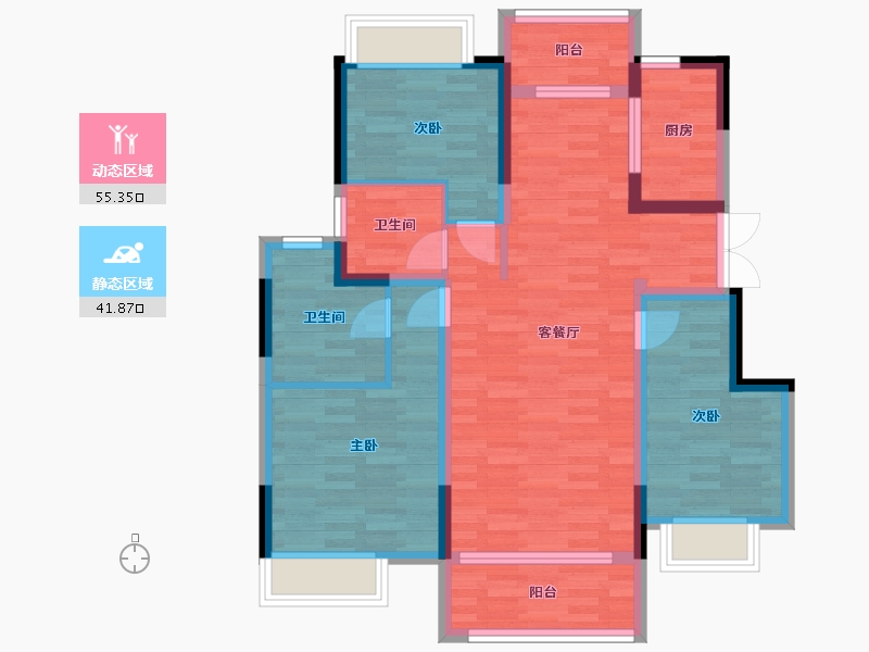 重庆-重庆市-龙湖春江天镜二期洋房1号楼,二期洋房4号楼套内90m2-84.89-户型库-动静分区