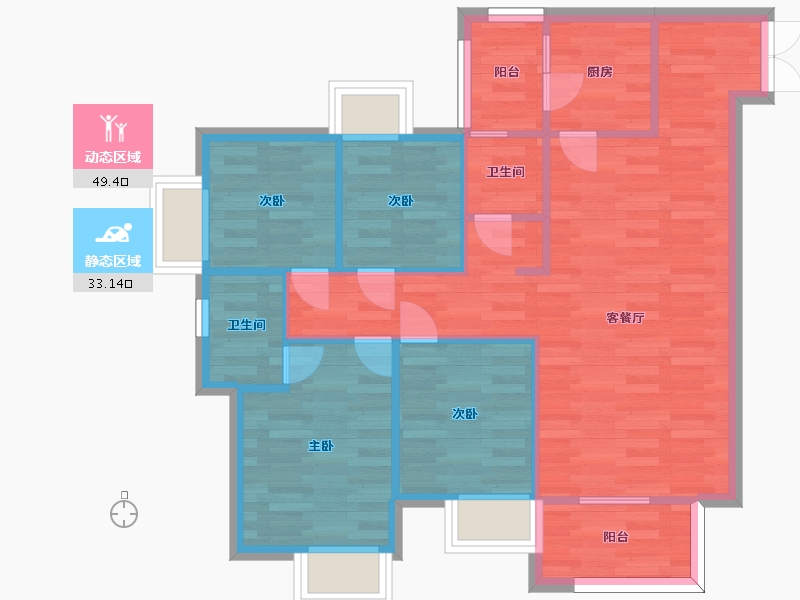 重庆-重庆市-联发龙洲湾1号小高层1号楼套内0m2-74.00-户型库-动静分区