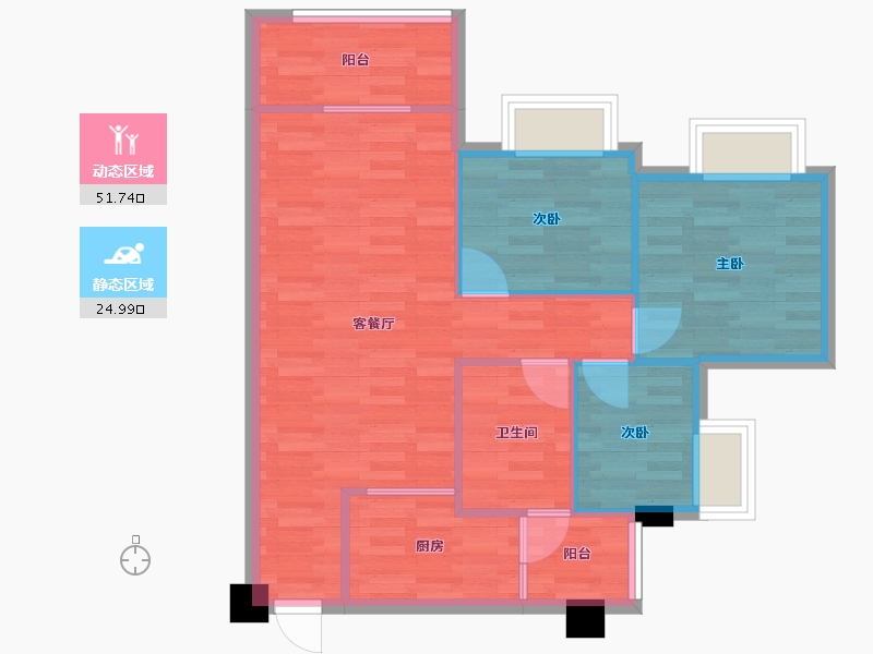 重庆-重庆市-华远海蓝城G3户型高层23号楼,2期高层19号楼,高层20号楼,高层21号楼,-69.00-户型库-动静分区