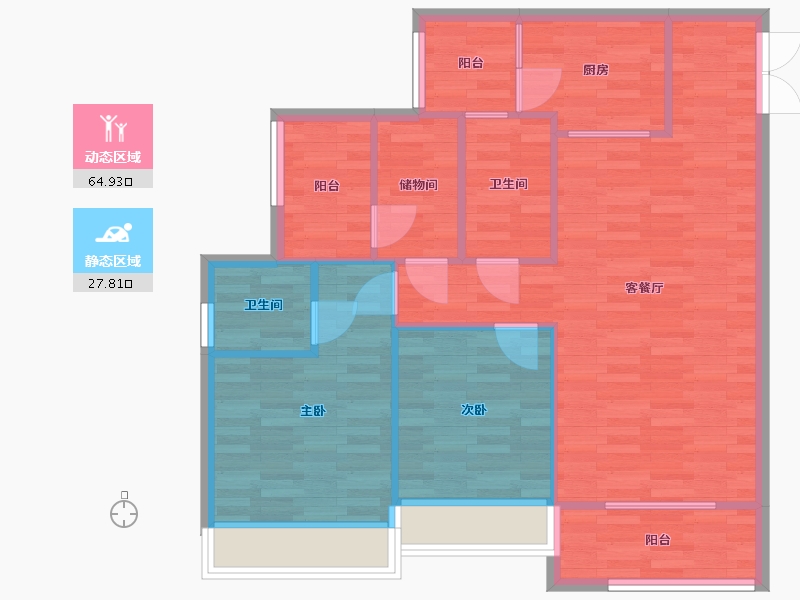 重庆-重庆市-华远海蓝城高层23号楼套内84m2-84.00-户型库-动静分区