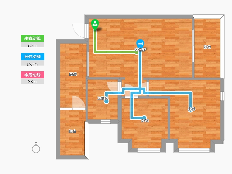 重庆-重庆市-恒大国际文化城21号楼B户型套内66m²-64.45-户型库-动静线