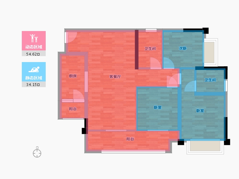 重庆-重庆市-双福新鸥鹏拉菲公馆B2户型98.8m²-78.33-户型库-动静分区