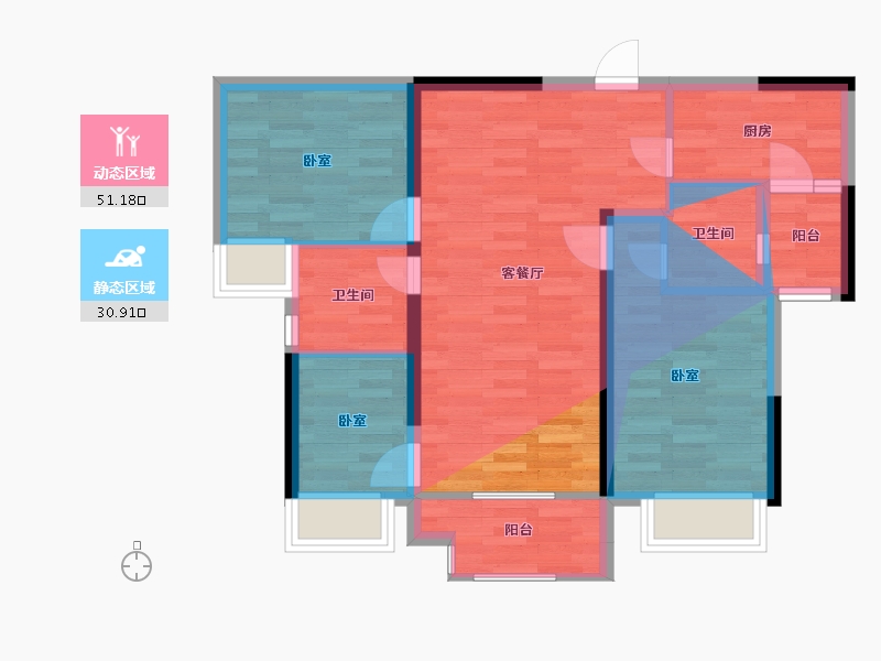 重庆-重庆市-新城和昱麟云4号楼,10号楼B2户型96m²-70.20-户型库-动静分区