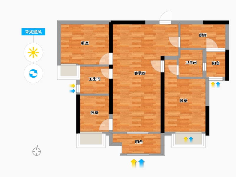 重庆-重庆市-新城和昱麟云4号楼,10号楼B2户型96m²-70.20-户型库-采光通风