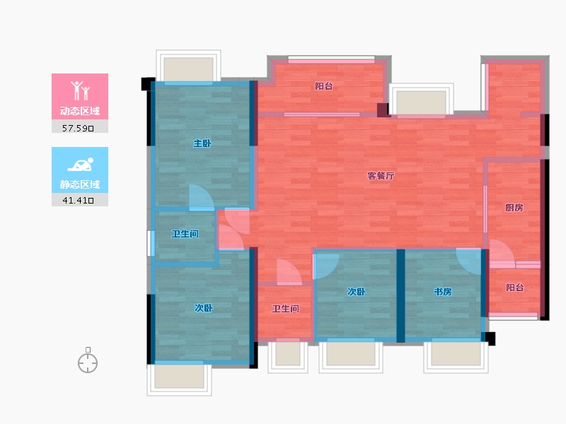 重庆-重庆市-佳兆业篆山熙园1号楼,2号楼C户型124m²-87.97-户型库-动静分区