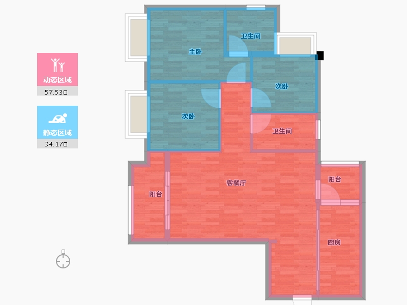 重庆-重庆市-东原嘉阅湾3栋,2栋,3期2号楼102m²-83.00-户型库-动静分区