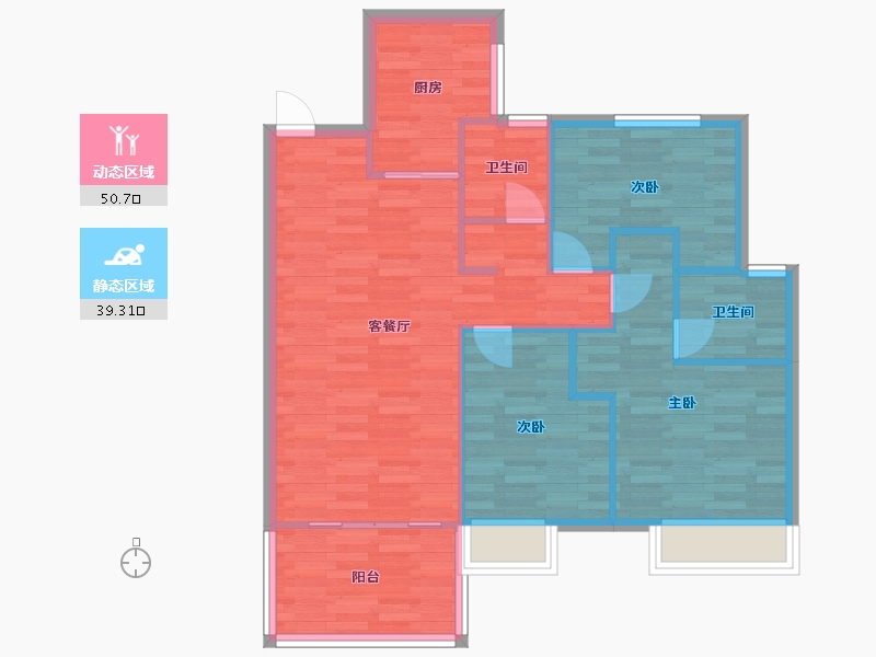 河南省-郑州市-美盛北龙台1号楼,12号楼102m²-81.60-户型库-动静分区