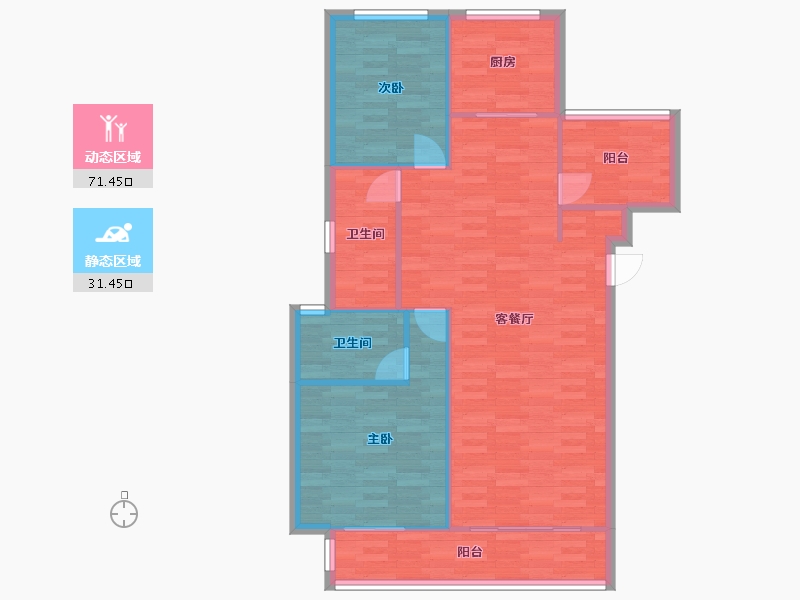 河南省-郑州市-美盛北龙台1号楼,12号楼118m²-94.40-户型库-动静分区