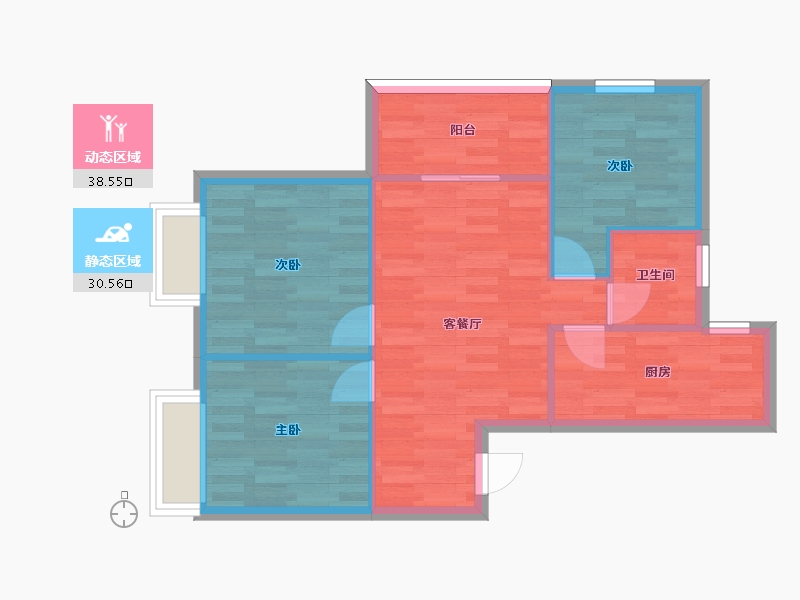 河南省-郑州市-汇泉景悦城1号楼,2号楼建面78m2-62.40-户型库-动静分区