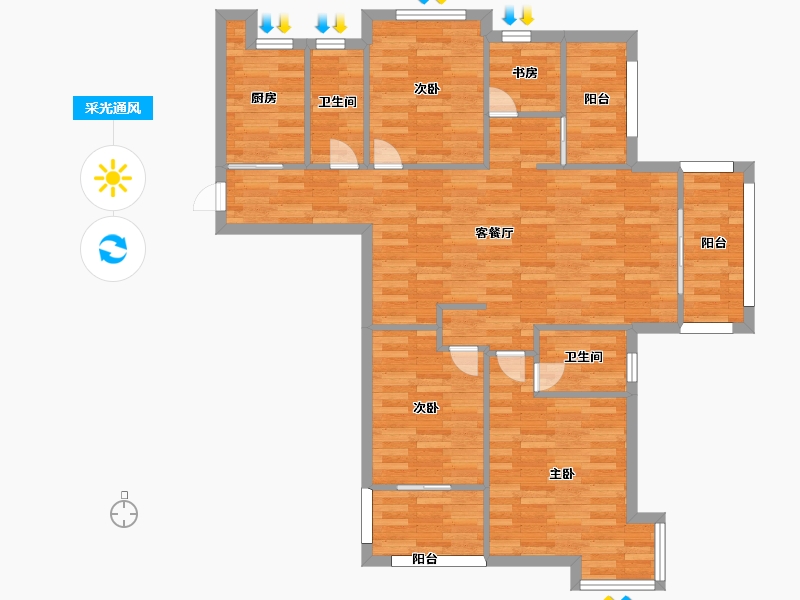 河南省-郑州市-九龙城九龙国际C-3户型四期9号楼建面120m2-96.00-户型库-采光通风