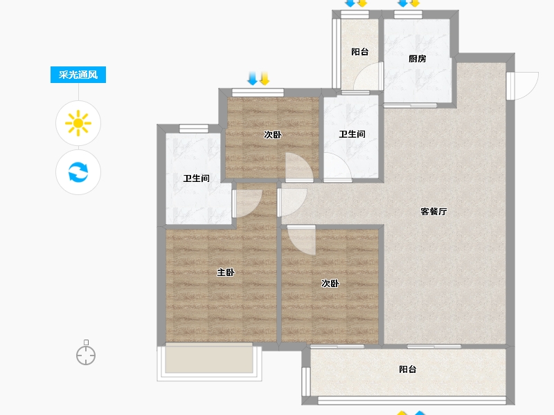 四川省-成都市-中旅名门府11号楼建面106m2-76.61-户型库-采光通风