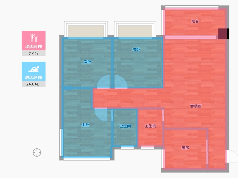 四川省-成都市-格林城市花园E1户型94m²-74.64-户型库-动静分区