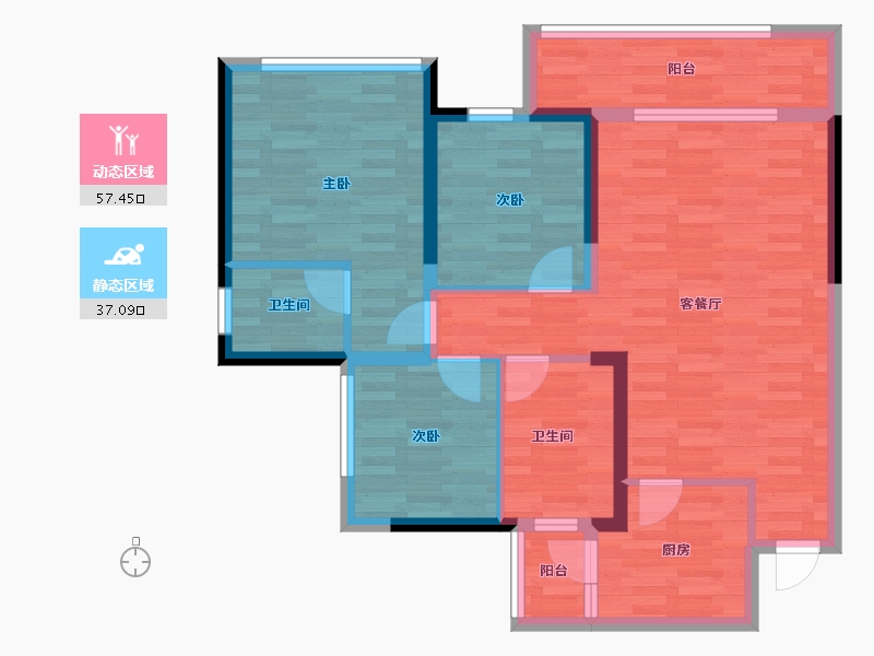 四川省-成都市-金色阳光名邸1号楼,3号楼96m²-84.05-户型库-动静分区