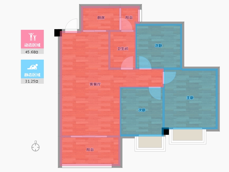 四川省-成都市-蝴蝶洲E3户型84m²-69.87-户型库-动静分区