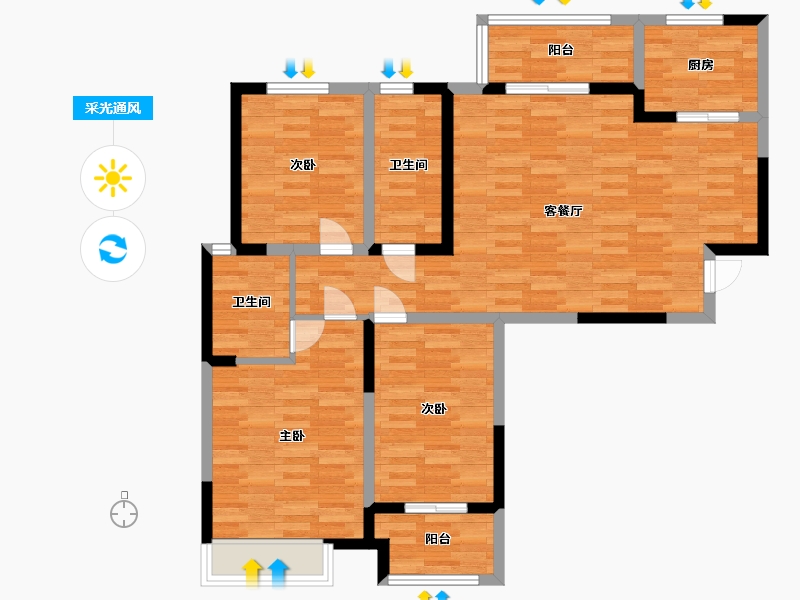 河南省-郑州市-吉地•澜花语E1户型8号楼建面123m2-98.40-户型库-采光通风