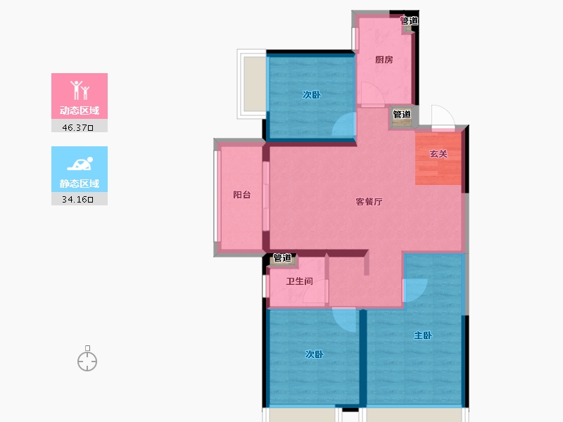 河南省-郑州市-东原阅城二期14号楼,二期15号楼91m²-72.80-户型库-动静分区