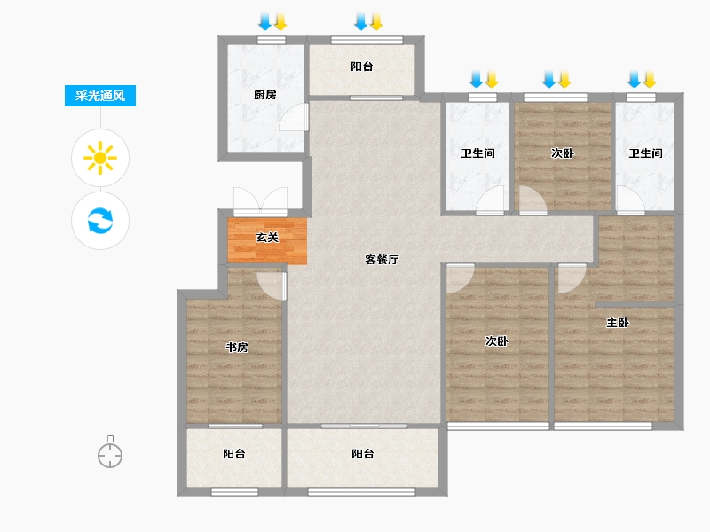 河南省-郑州市-青风公园二期洋房B-4户型159m²-127.20-户型库-采光通风