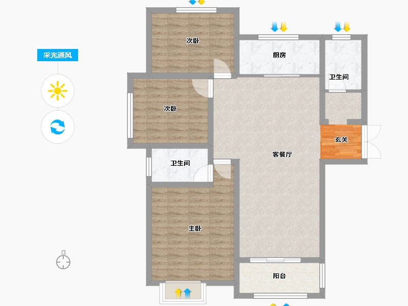 河南省-郑州市-瑞亨绿景苑3-A户型123m²-98.40-户型库-采光通风