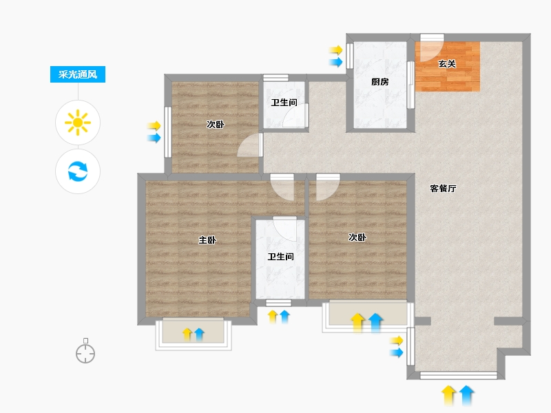 河南省-郑州市-瑞亨绿景苑1-B户型123m²-98.40-户型库-采光通风