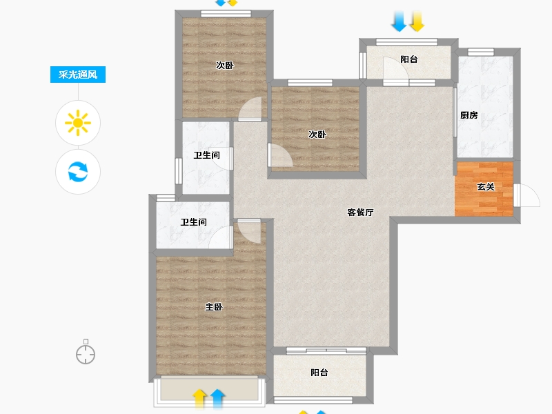 河南省-郑州市-瀚宇天悦湾2号院15号楼,2号院13号楼127m²-102.05-户型库-采光通风