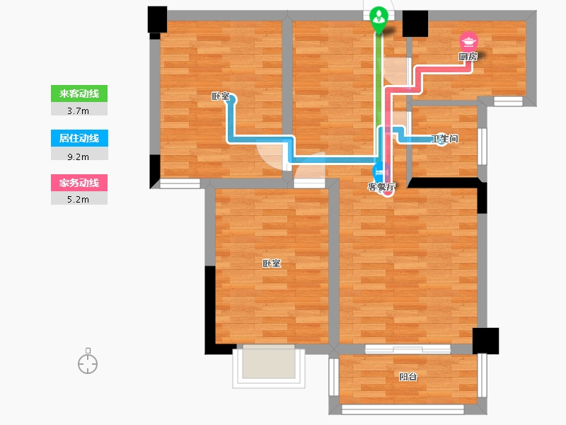 河南省-郑州市-安恒品邸3B户型77m²-61.85-户型库-动静线