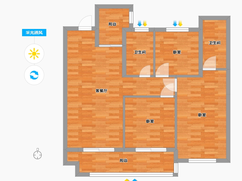 河南省-郑州市-浩创梧桐溪水湾C2户型95m²-77.16-户型库-采光通风