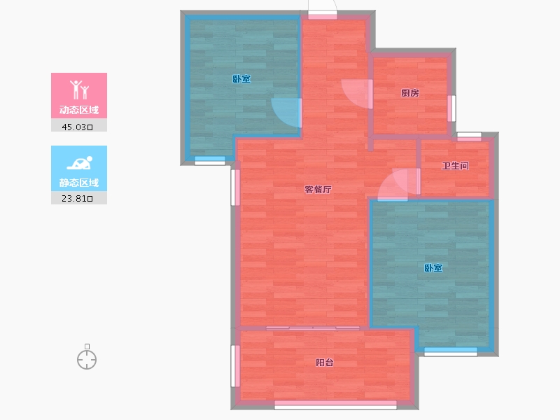 河南省-郑州市-浩创城D2户型76m²-62.44-户型库-动静分区