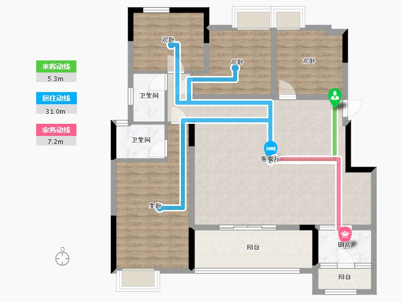 重庆-重庆市-康田宸樾洋房A2户套内120m²-114.98-户型库-动静线