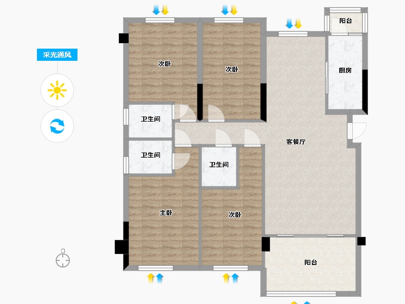 重庆-重庆市-国瑞江南御府B1户型133㎡-121.61-户型库-采光通风