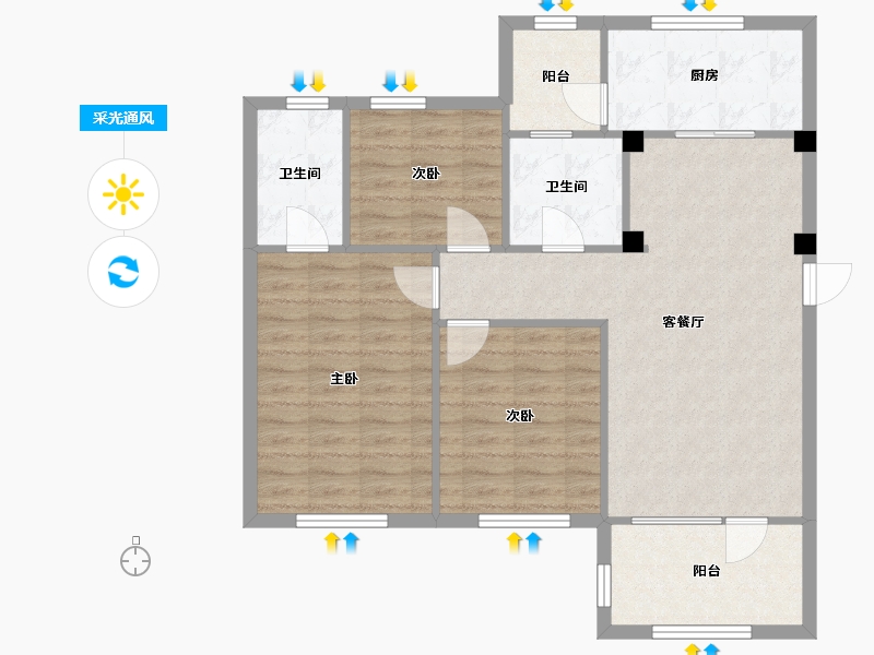 天津-天津市-中冶帝景康泰园2栋,康泰园4栋,康泰园1栋,康泰园5栋,康泰园3栋建面130m²-88.94-户型库-采光通风