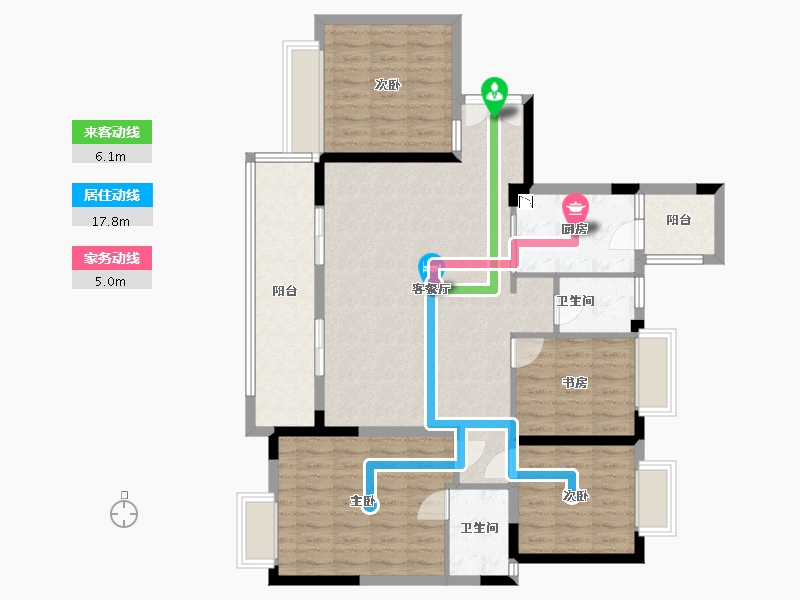 四川省-成都市-河畔府邸9号楼T4-1户型135m²-113.83-户型库-动静线