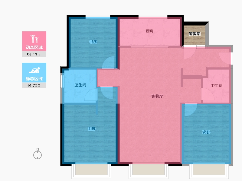 天津-天津市-万科滨海大都会观景轩2号楼,观景轩6号楼,观景轩1号楼,观景轩8号楼建面114m²-91.08-户型库-动静分区