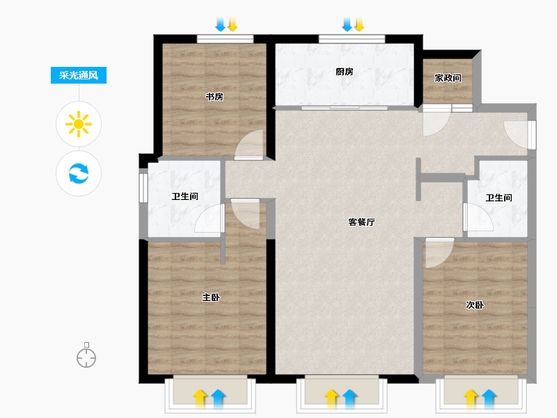 天津-天津市-万科滨海大都会观景轩2号楼,观景轩6号楼,观景轩1号楼,观景轩8号楼建面114m²-91.08-户型库-采光通风