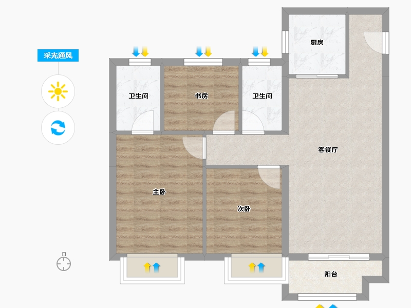 天津-天津市-合景领峰领世园1号楼,领世园2号楼建面103m²-71.64-户型库-采光通风