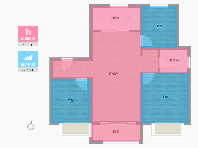 天津-天津市-华发景瑞悦天地3号楼,建面90m²-62.56-户型库-动静分区