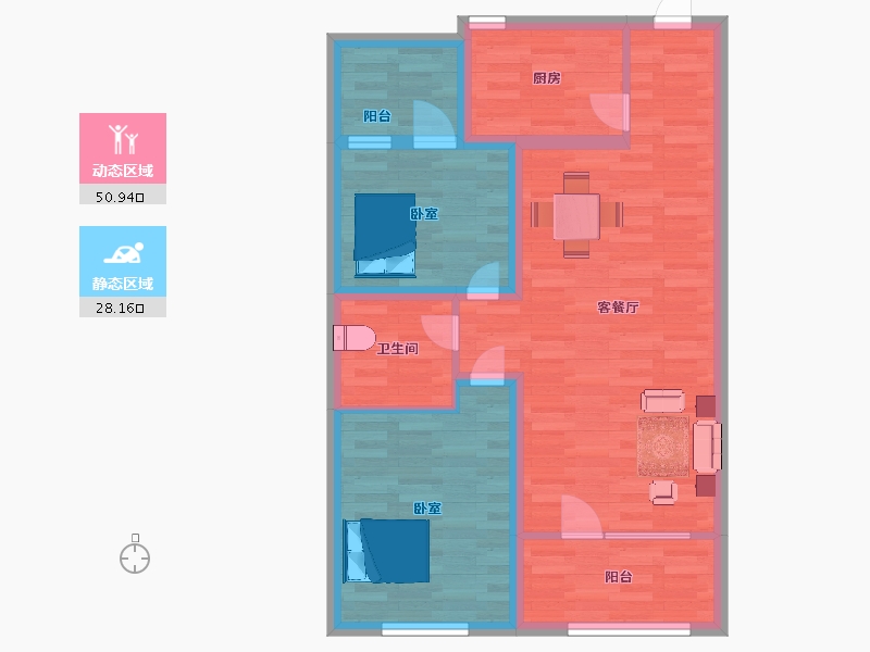 山东省-青岛市-青岛印象湾阅山园2，3，4，6号楼B4户型88m²-70.10-户型库-动静分区