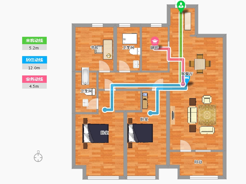 山东省-青岛市-融创维多利亚湾16，17，21，26号楼B户型130m²-104.69-户型库-动静线