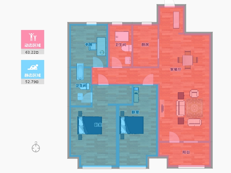 山东省-青岛市-融创维多利亚湾16，17，21，26号楼B户型130m²-104.69-户型库-动静分区