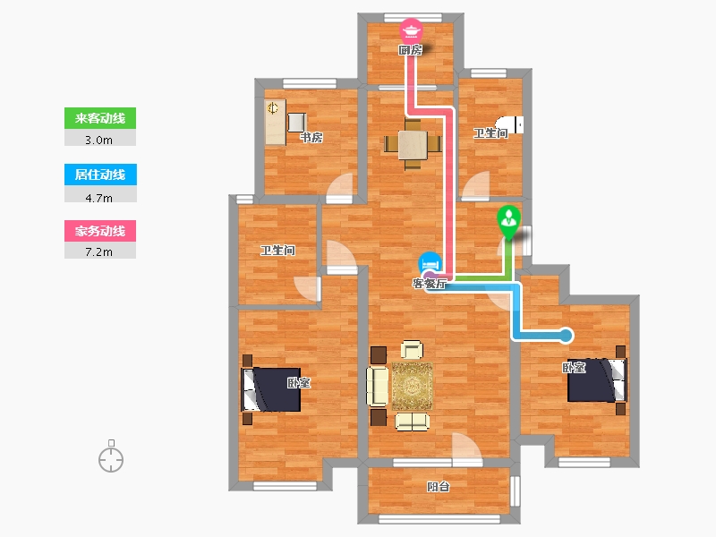 山东省-青岛市-鑫江玫瑰园四期38号楼D户型105m²-84.71-户型库-动静线