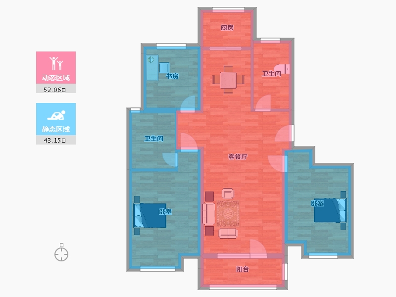 山东省-青岛市-鑫江玫瑰园四期38号楼D户型105m²-84.71-户型库-动静分区