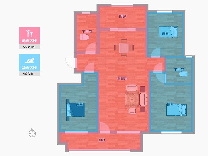 山东省-青岛市-高实景苑K户型124m²-99.08-户型库-动静分区