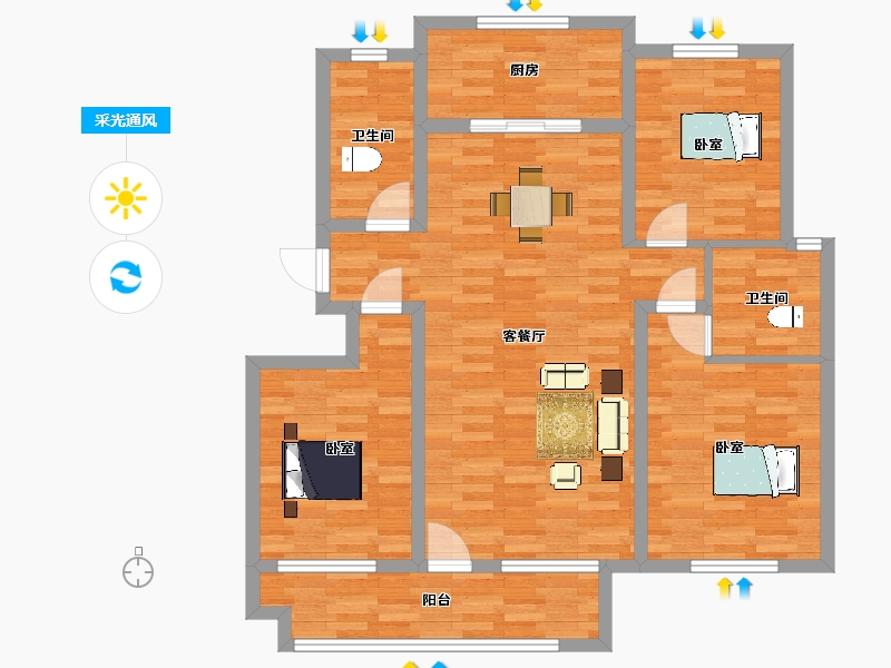 山东省-青岛市-高实景苑K户型124m²-99.08-户型库-采光通风