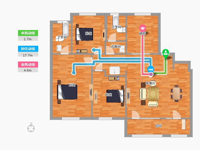 山东省-青岛市-奥林春天15号楼B户型150m²-120.07-户型库-动静线