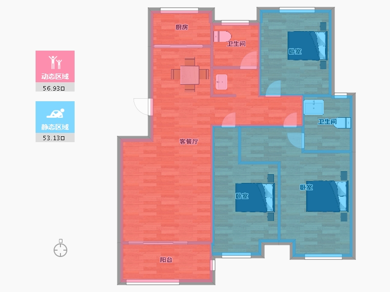 山东省-青岛市-忠观悦府D1户型117m²-99.17-户型库-动静分区