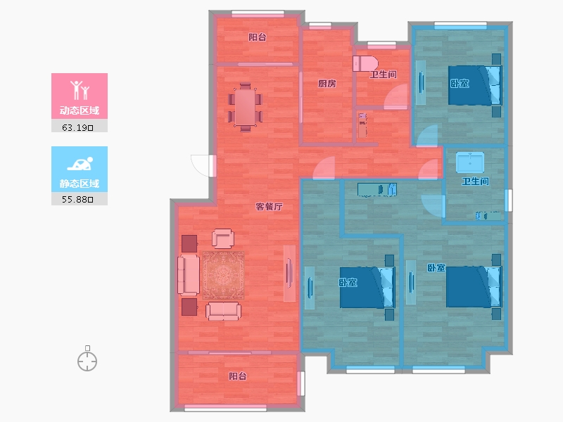 山东省-青岛市-忠观悦府E2户型125m²-106.39-户型库-动静分区