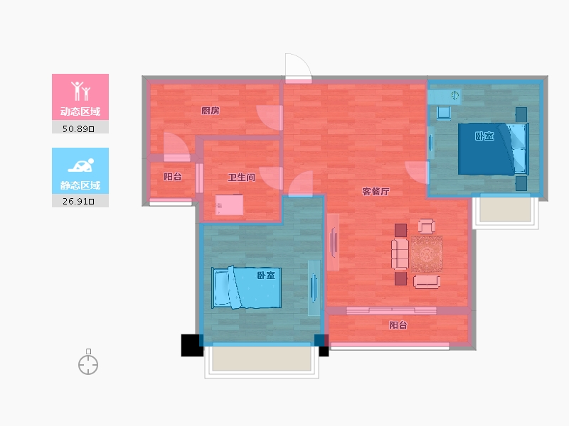 山东省-青岛市-裕龙润邦88m²-70.31-户型库-动静分区