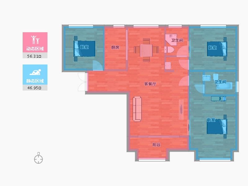 山东省-青岛市-天福现河1号E户型118m²-94.57-户型库-动静分区